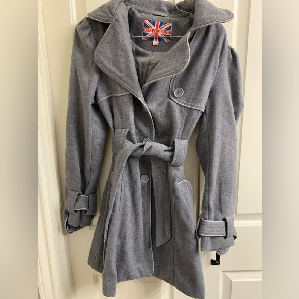 Miss London Jacket Medium M Womens Gray Wool Blend Belted Lined Coat